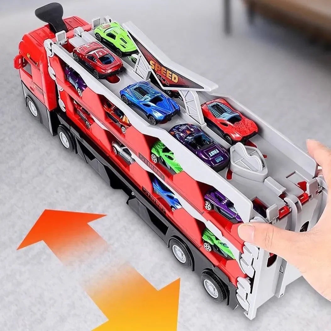Rennstrecke Lastwagen 207 cm | 2in1 Transporter & Ausklappbare Rennbahn | Inklusive 12 Rennautos & Stauraum für Kinder 7