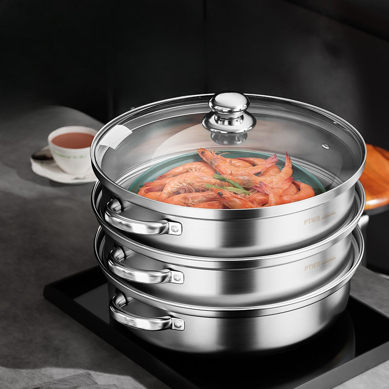 3-Schicht-Dampfgarer aus Edelstahl | Mehrschichtiges Design für gleichzeitiges Garen | Erhält Nährstoffe und Aromen 3