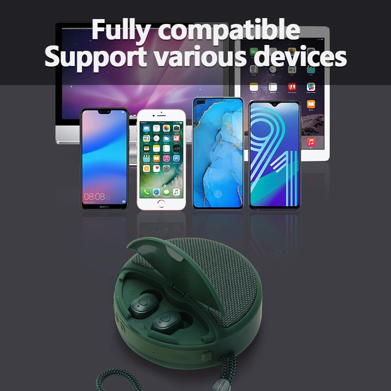 2-in-1 Bluetooth Lautsprecher mit Ohrhörern 2-in-1 | Dual-Power-Subwoofer & FM-Radio | Freisprechfunktion, Telefonständer 3