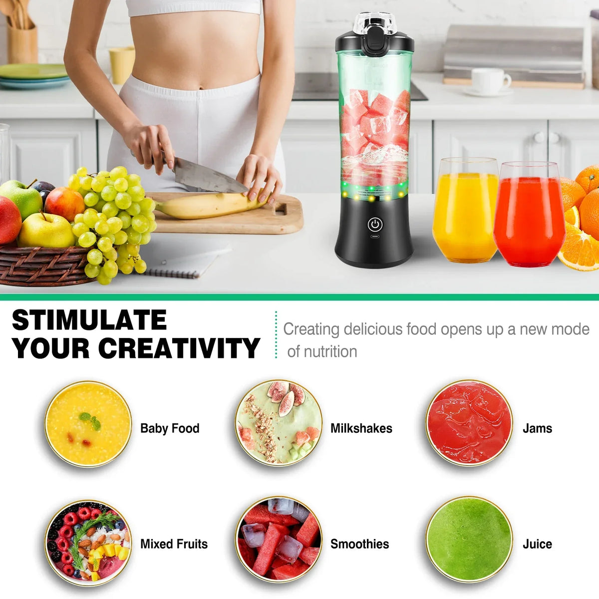 Tragbarer Mixer & Entsafter 2in1 | 600 ml Becher, 6 Edelstahlklingen, 18000 U/min | USB-Akku mit 12 LED-Anzeige 3