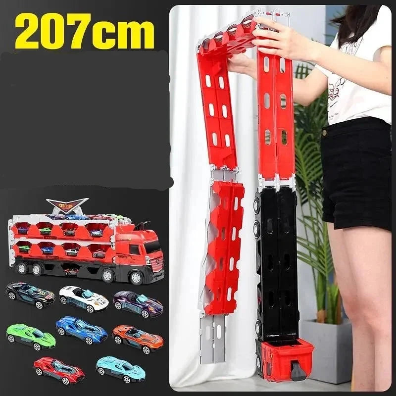 Rennstrecke Lastwagen 207 cm | 2in1 Transporter & Ausklappbare Rennbahn | Inklusive 12 Rennautos & Stauraum für Kinder 5