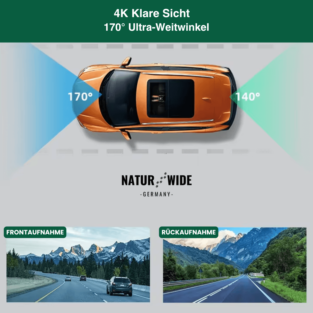 4K Dashcam mit Nachtsicht & Doppelkamera | WLAN, GPS, G-Sensor & 24H Parküberwachung | Front 4K, Heck 1080p, Loop-Recording 16