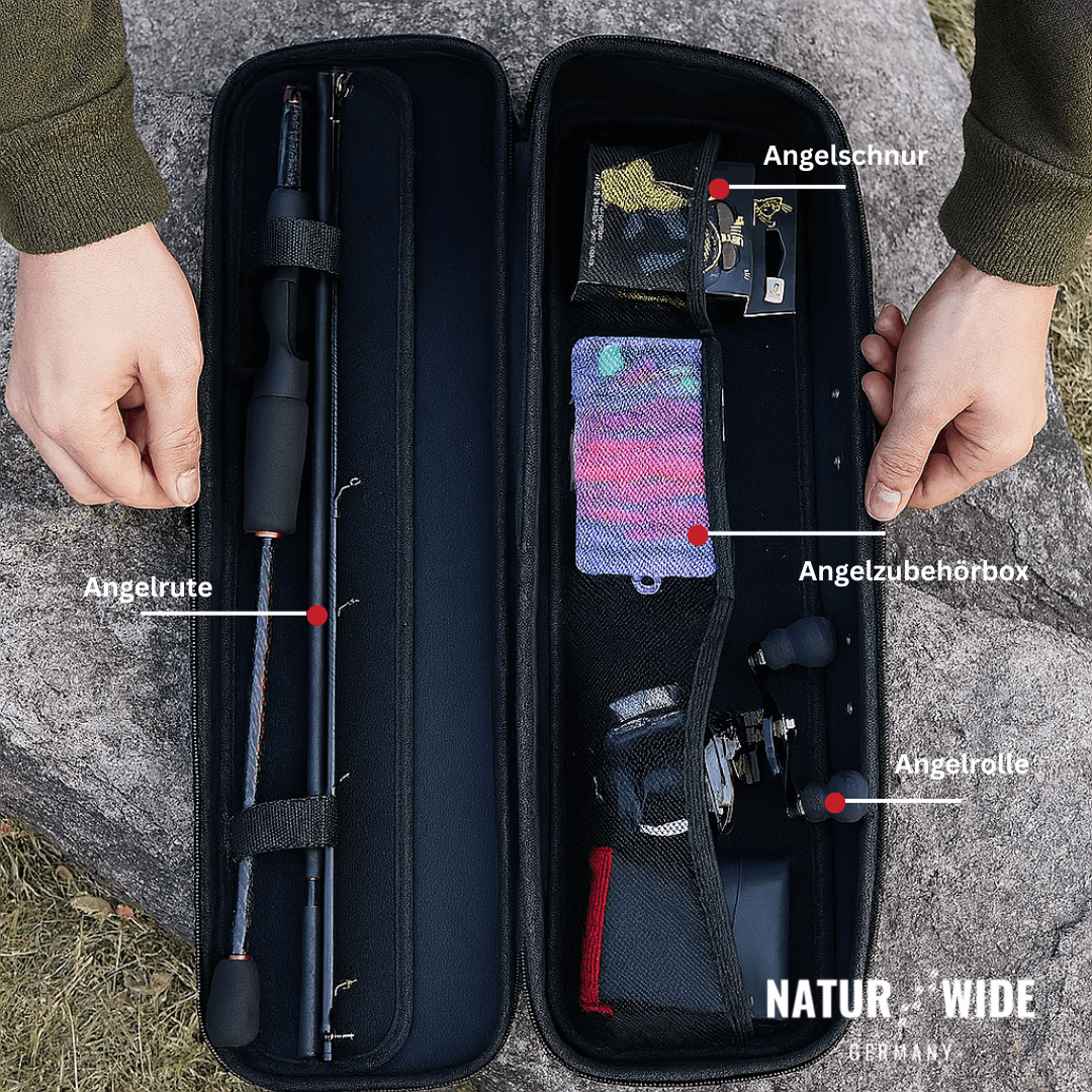 Angelset 5-teilig für Karpfen & Raubfische | Teleskoprute 2,4 m & Baitcaster-Rolle 6 kg Max Drag | Carbonfaser, inkl. Zubehör 7