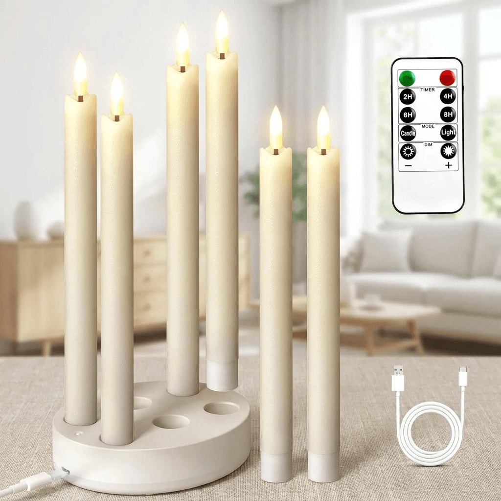 Flammenlose LED-Kerzen aus Paraffinwachs, 6er-Set | Fernbedienung, Timer & Flackerlicht | Wiederaufladbar & Kindersicher 1