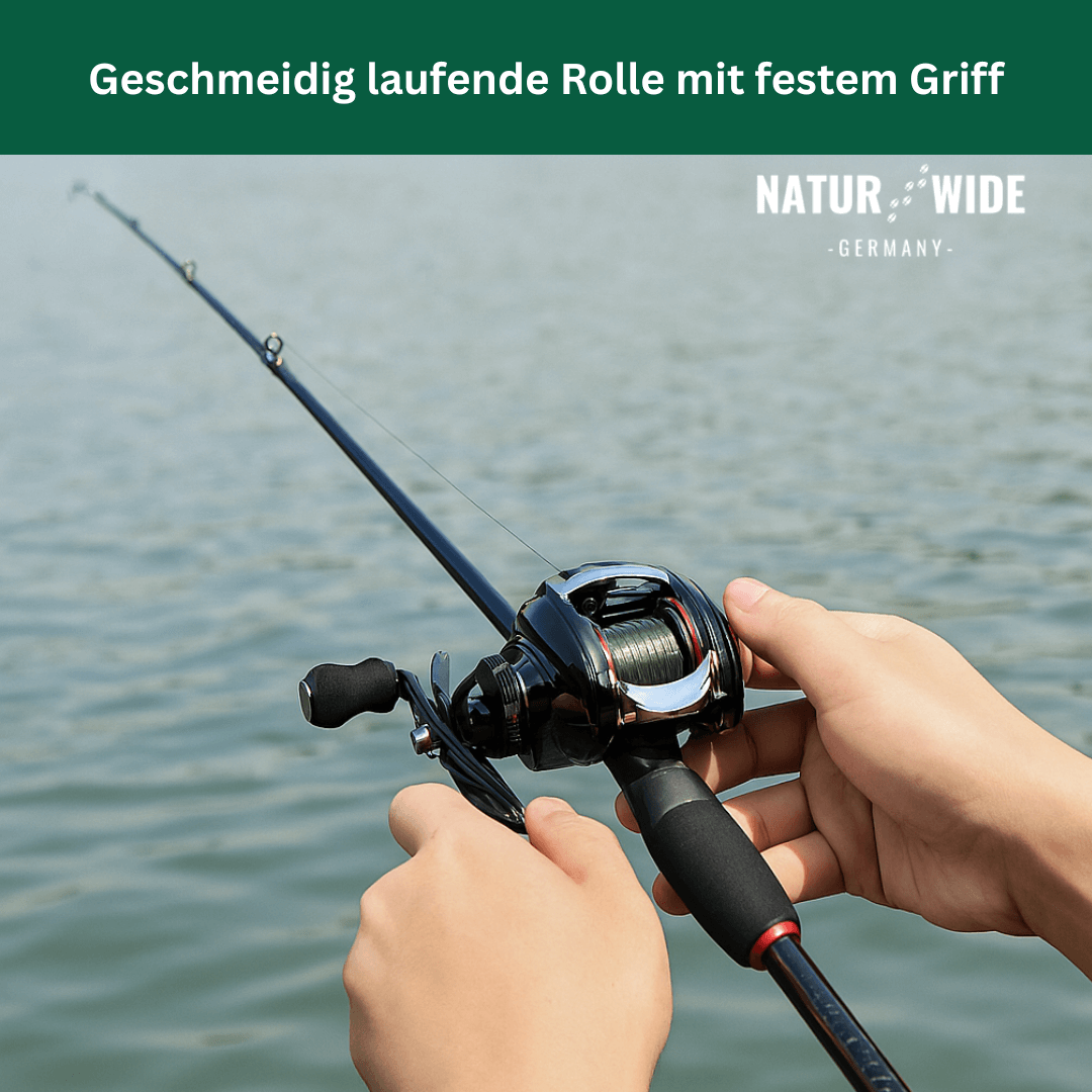Angelset 5-teilig für Karpfen & Raubfische | Teleskoprute 2,4 m & Baitcaster-Rolle 6 kg Max Drag | Carbonfaser, inkl. Zubehör 5