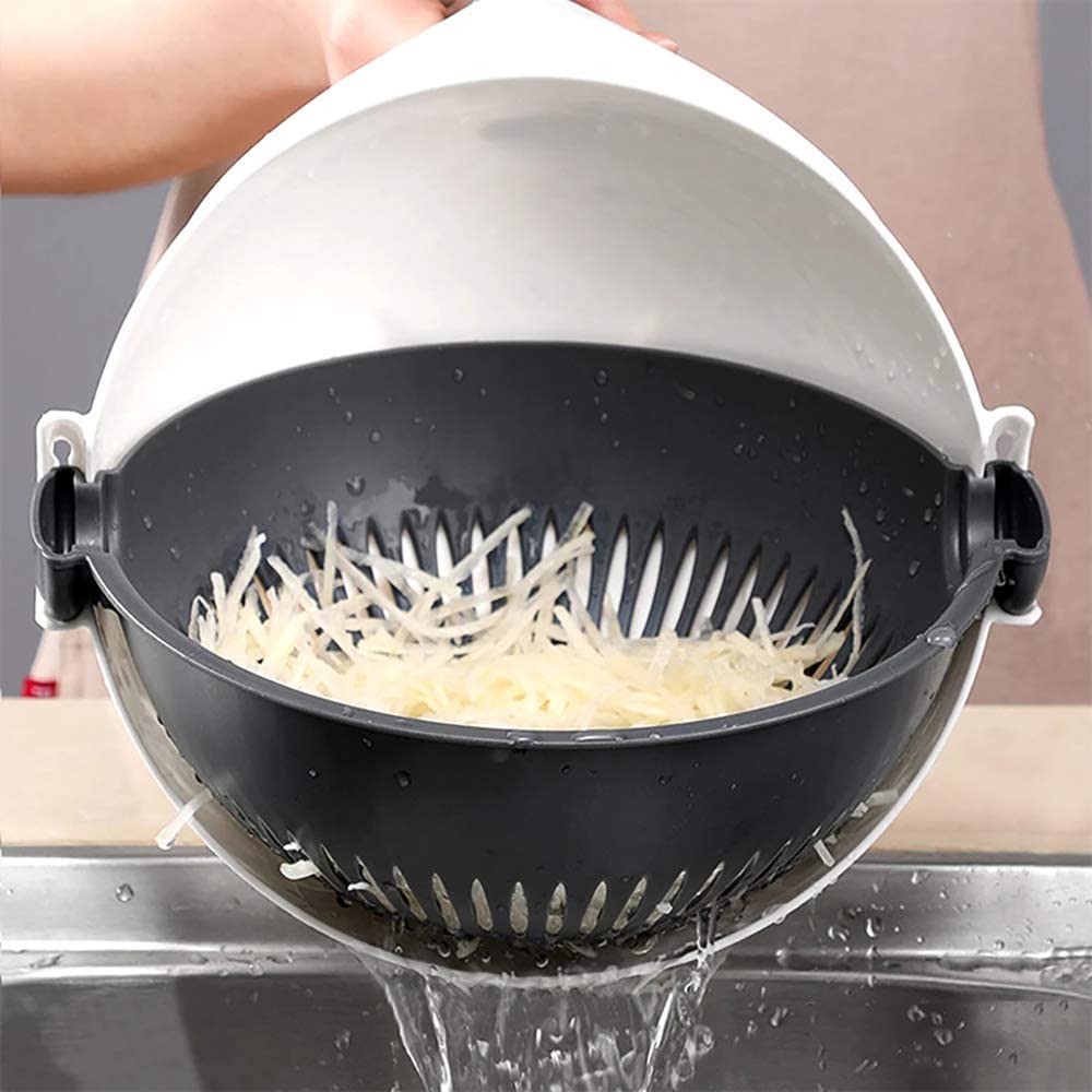 Gemüseschneider Edelstahl 9-in-1 | 7 Aufsätze, Abtropfsieb & 2-Liter-Behälter | Schneiden, Hobeln, Raspeln ohne Kraftaufwand 4