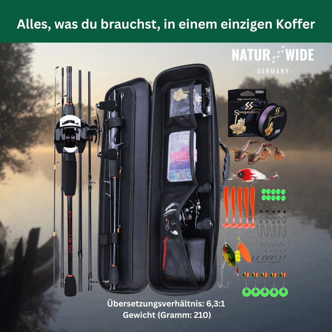 Angelset 5-teilig für Karpfen & Raubfische | Teleskoprute 2,4 m & Baitcaster-Rolle 6 kg Max Drag | Carbonfaser, inkl. Zubehör 8