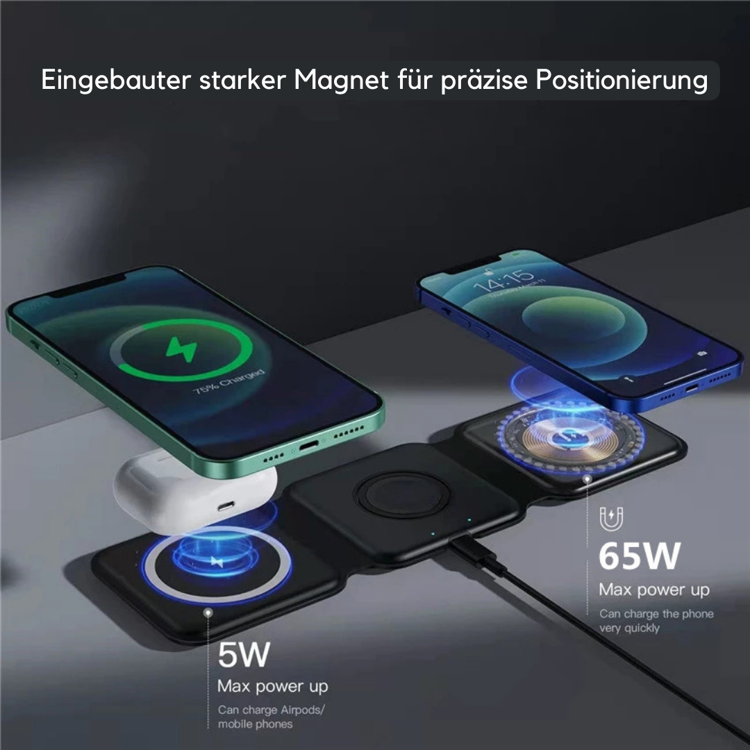 3-in-1 Kabellose Ladestation für iPhone, Watch & AirPods | Faltbar, 65 W, Qi-kompatibel | Magnetisch mit Ladeanzeige, USB-C 10