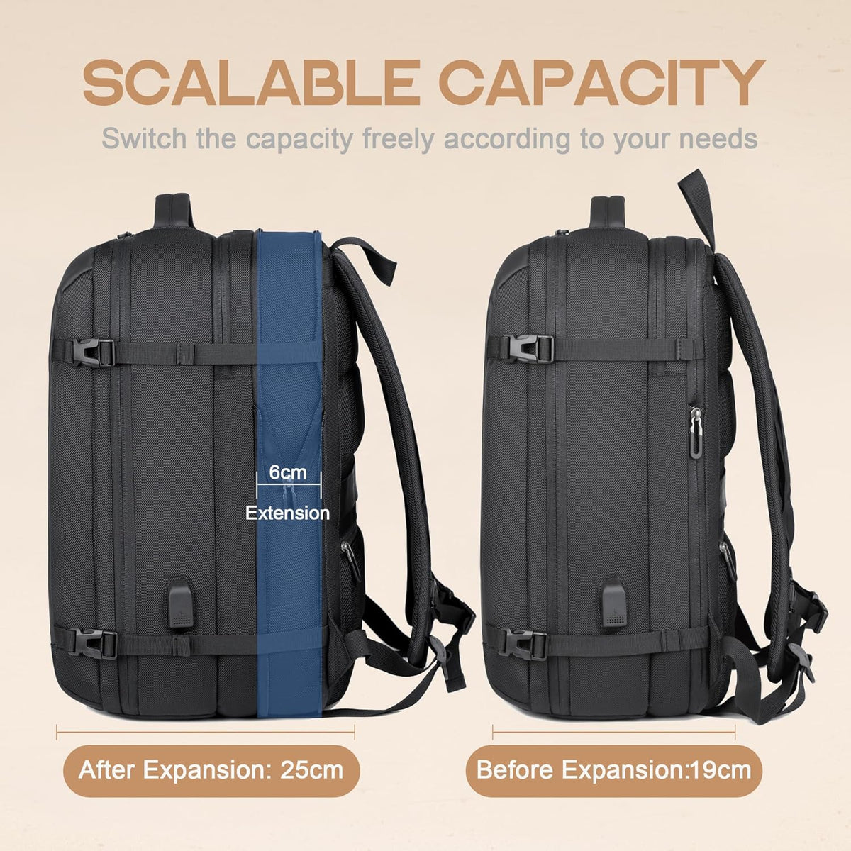 Reiserucksack 40L Nylon | USB-Anschluss, 17 Zoll Laptopfach & Anti-Diebstahl-Tasche | Erweiterbar & Wasserabweisend 3
