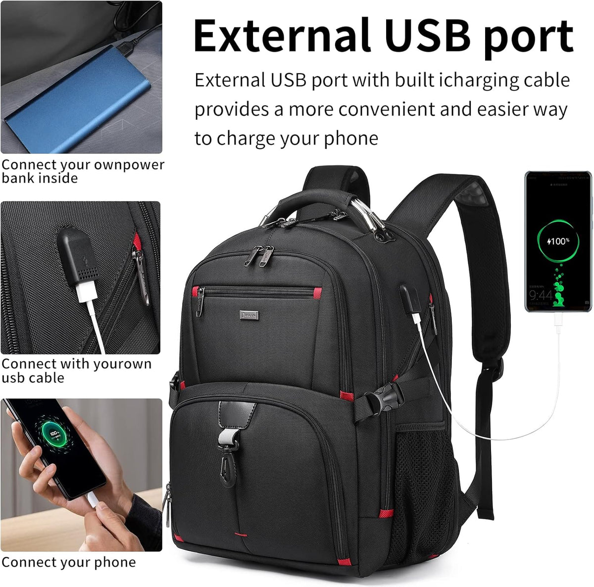 50L Reise-Laptoprucksack Nylon | USB-Anschluss, TSA-Öffnung, Laptopfach bis 17 Zoll | Wasserabweisend, gepolstert 3