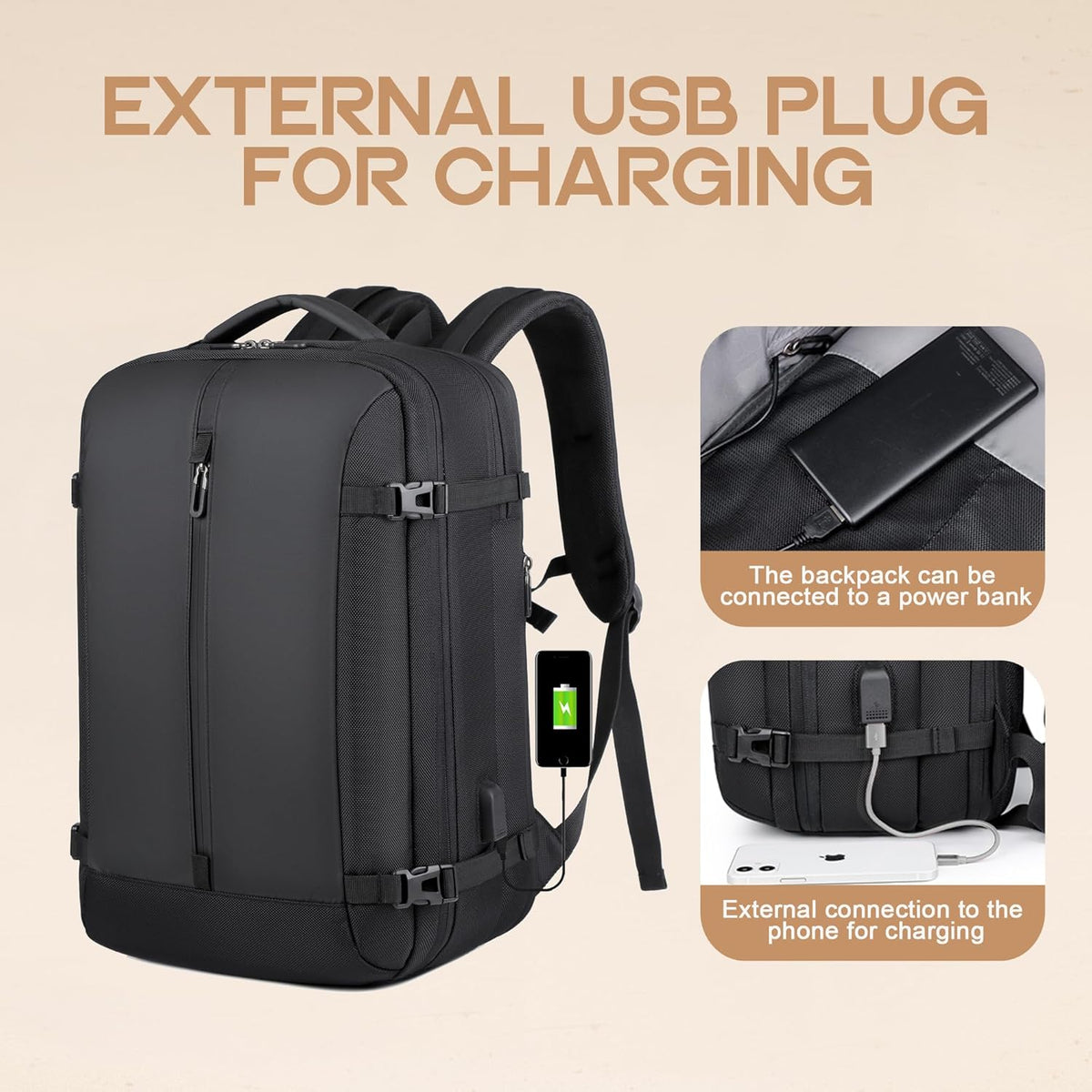 Reiserucksack 40L Nylon | USB-Anschluss, 17 Zoll Laptopfach & Anti-Diebstahl-Tasche | Erweiterbar & Wasserabweisend 2
