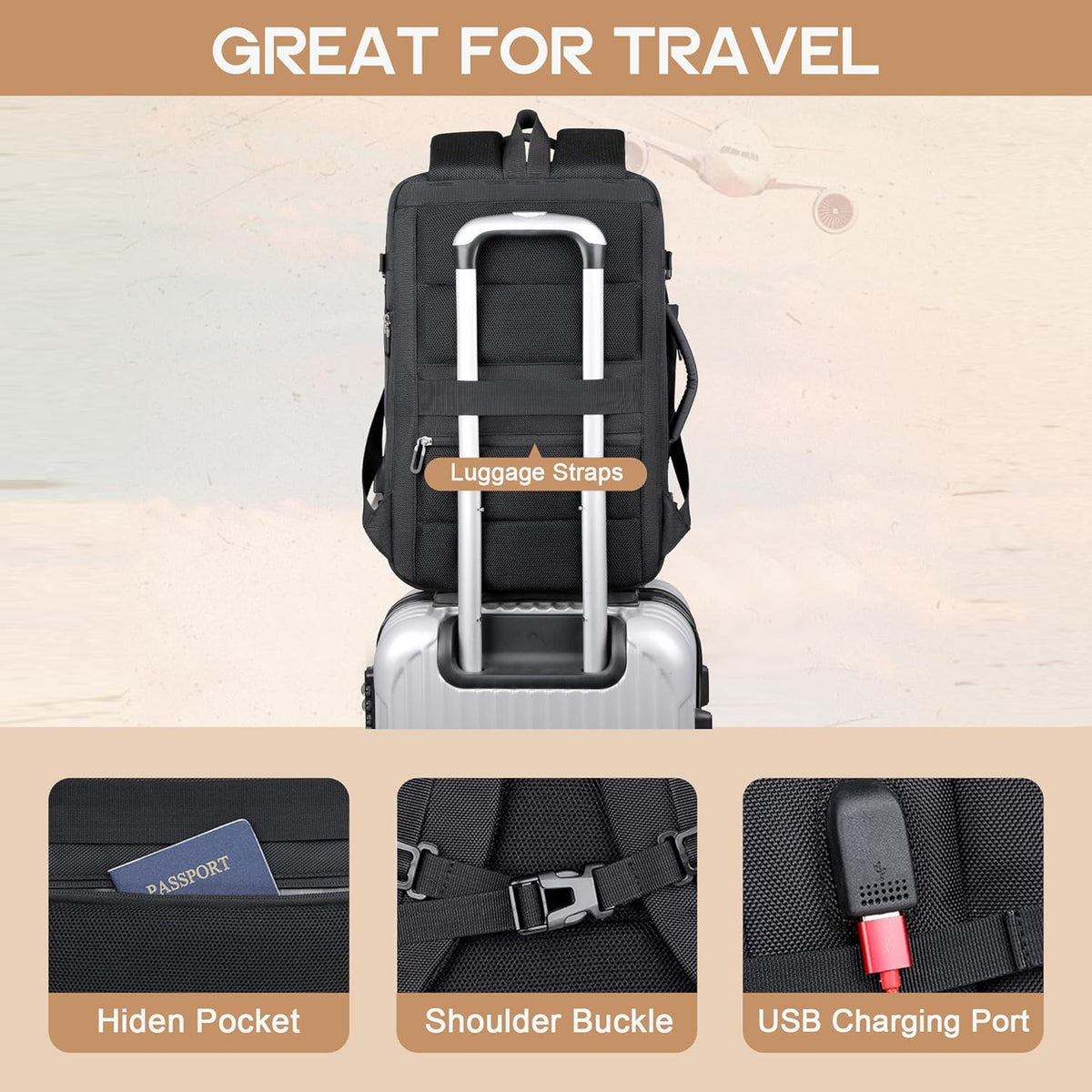 Reiserucksack 40L Nylon | USB-Anschluss, 17 Zoll Laptopfach & Anti-Diebstahl-Tasche | Erweiterbar & Wasserabweisend 8