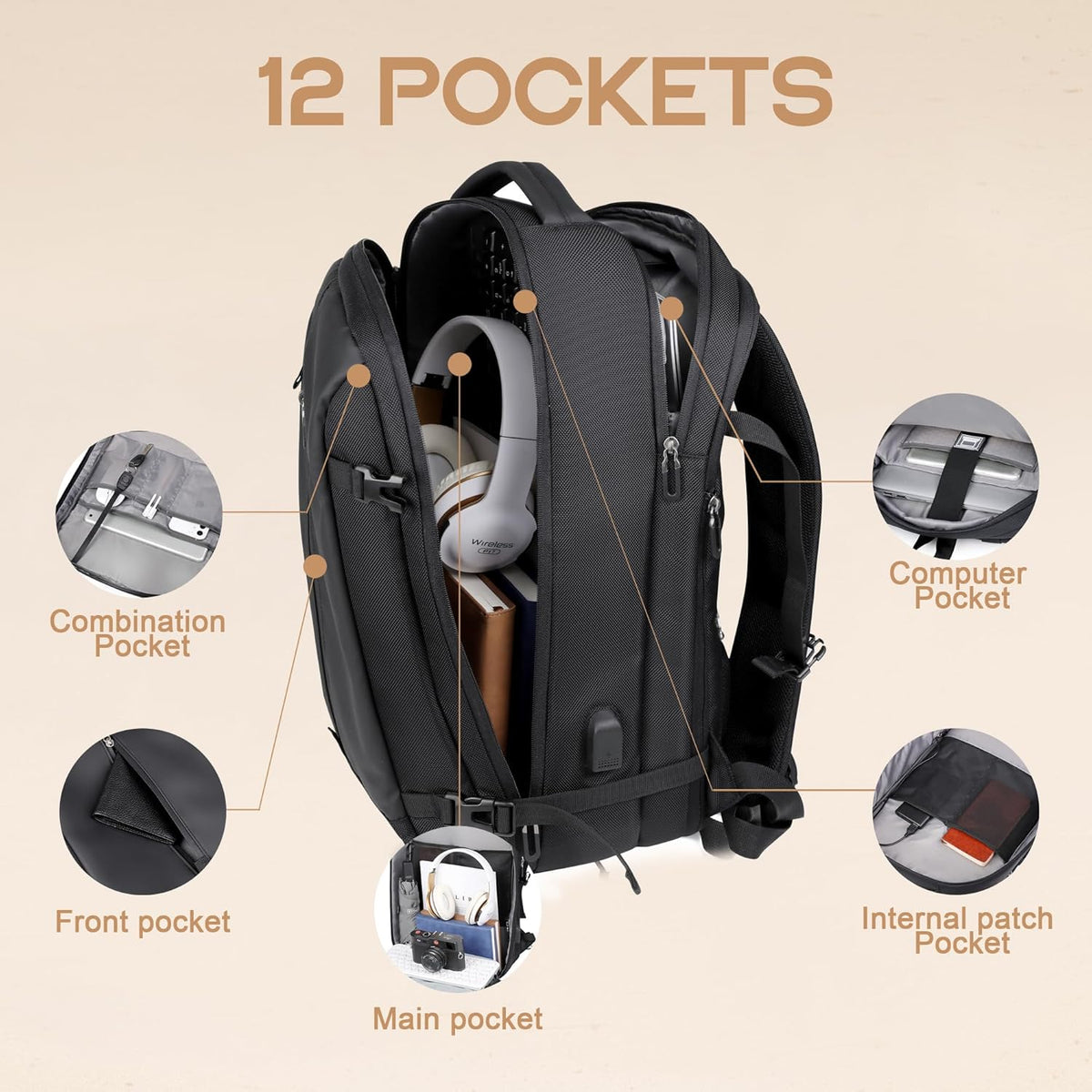 Reiserucksack 40L Nylon | USB-Anschluss, 17 Zoll Laptopfach & Anti-Diebstahl-Tasche | Erweiterbar & Wasserabweisend 4