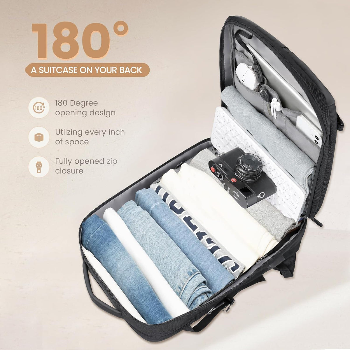 Reiserucksack 40L Nylon | USB-Anschluss, 17 Zoll Laptopfach & Anti-Diebstahl-Tasche | Erweiterbar & Wasserabweisend 5