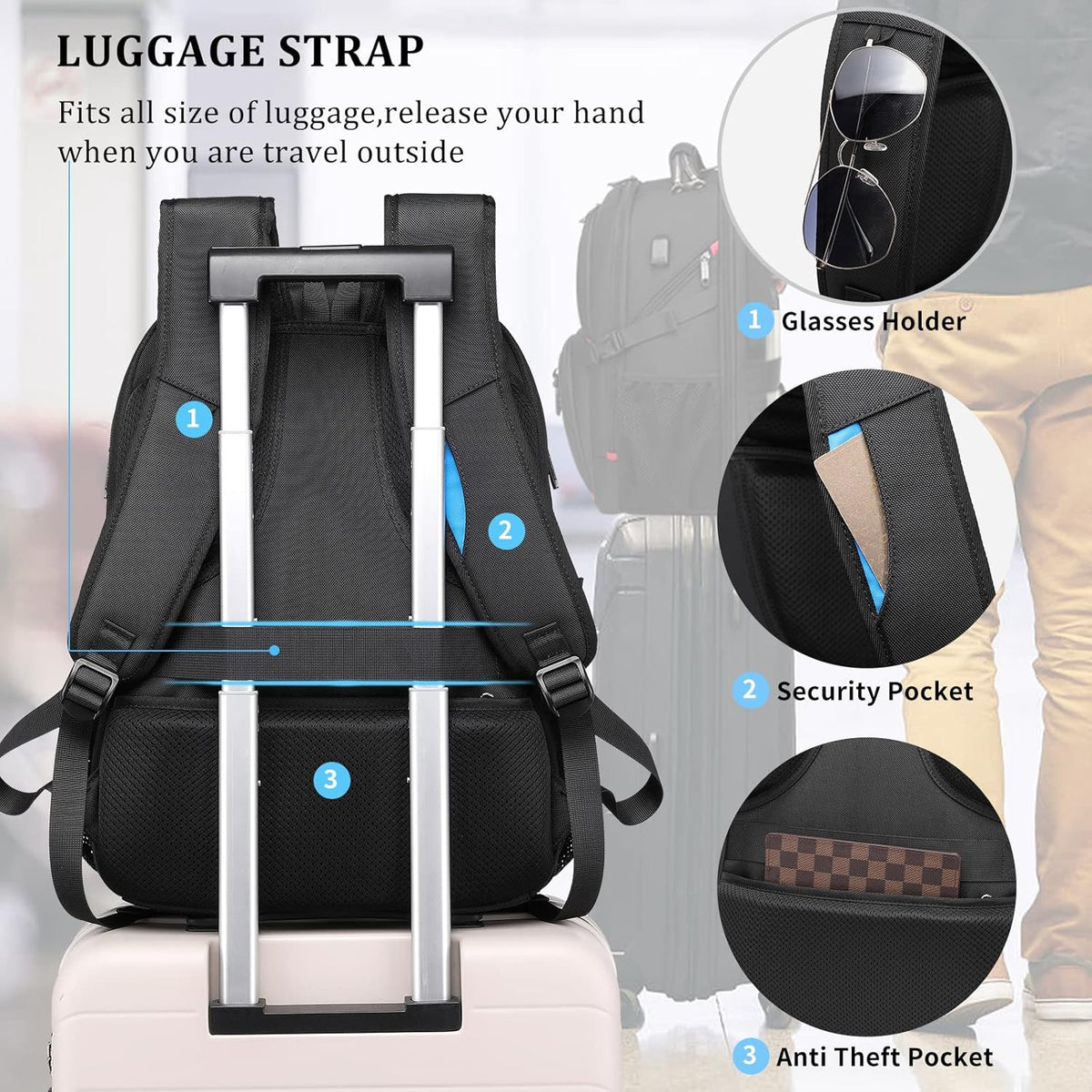50L Reise-Laptoprucksack Nylon | USB-Anschluss, TSA-Öffnung, Laptopfach bis 17 Zoll | Wasserabweisend, gepolstert 6