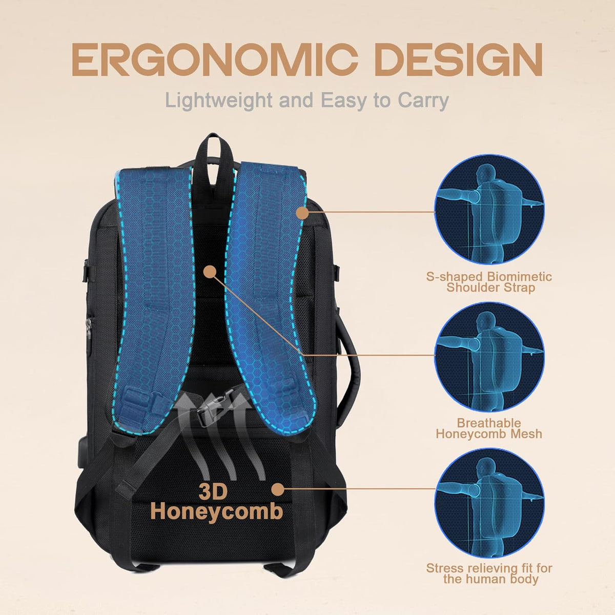 Reiserucksack 40L Nylon | USB-Anschluss, 17 Zoll Laptopfach & Anti-Diebstahl-Tasche | Erweiterbar & Wasserabweisend 7