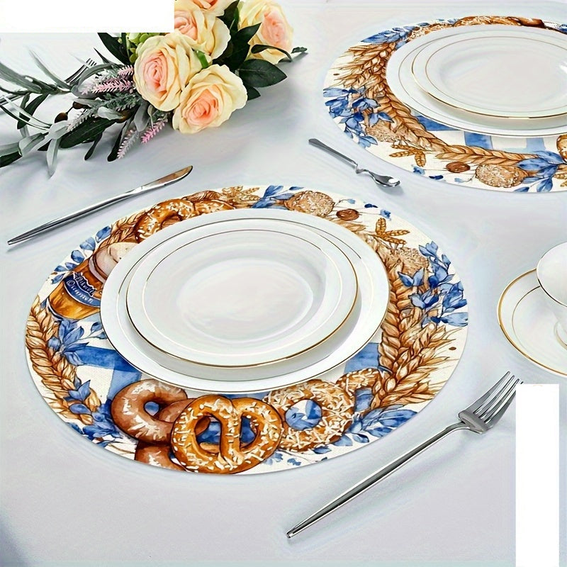 Runde Holz-Platzsets Oktoberfest | 4er Set mit Bierkrug- und Brezn-Motiven | Robust für Küche, Esszimmer und Garten 4