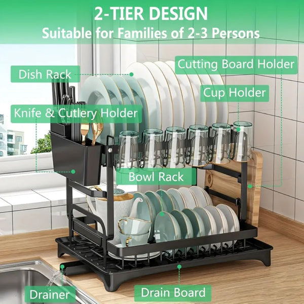 Geschirrabtropfer 2-stufig aus Edelstahl | Mit Abtropffläche und automatischem Wasserablauf | 5 Haken für mehr Platz in der Küche 4