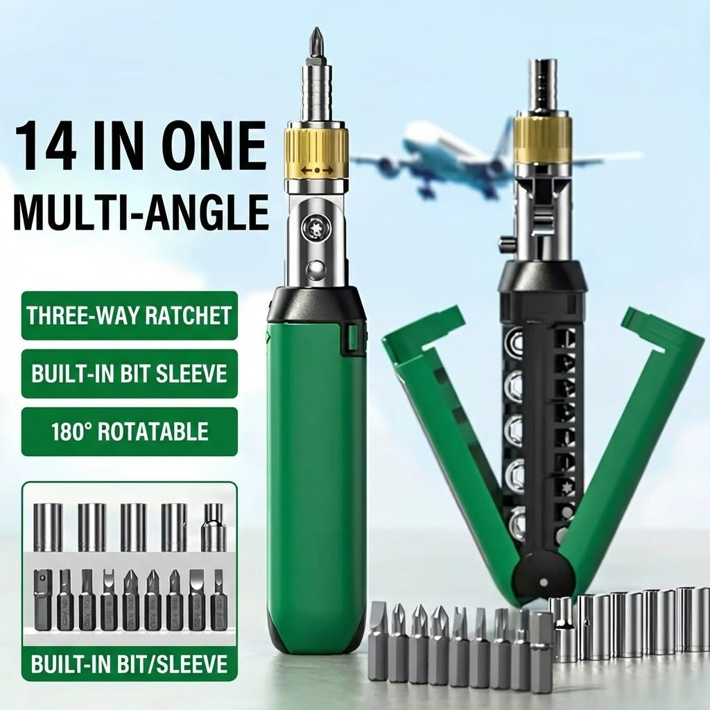 14in1 Ratschen-Schraubendreher-Set Stahl | 180° drehbarer Multi-Winkel-Kopf | Dreifache Ratsche mit Bit-Aufbewahrung 9