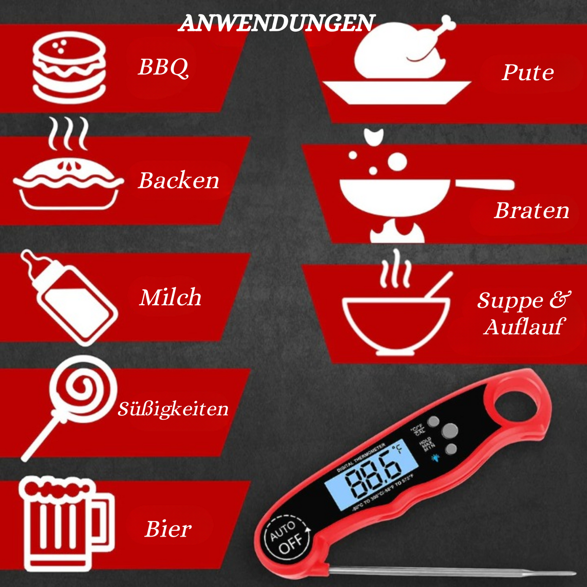 Digitales Fleischthermometer aus Edelstahl | Mit 101,6 cm Kabelsonde für Ofen und Grill | Präzise Anzeige mit Alarmfunktion 4