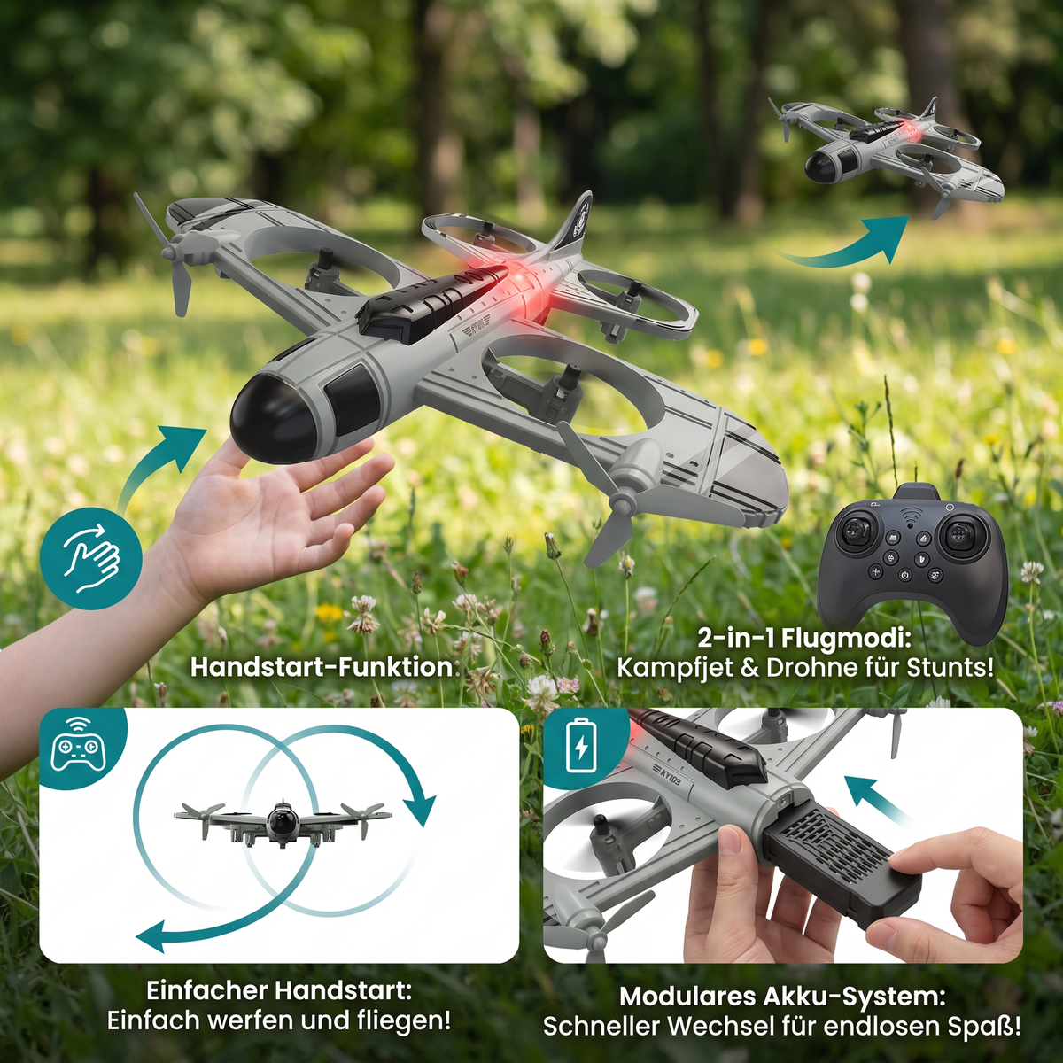 Ferngesteuertes Kampfjet- & Drohnen-Spielzeug 2-in-1 | Jet- und Drohnenflug kombiniert | Für drinnen und draußen geeignet 3