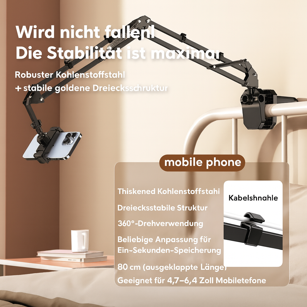 Verstellbare Handy- und Tablethalterung Aluminium | 360° drehbar, Mehrpunktarm | Freihändig für Bett, Sofa, Schreibtisch 4