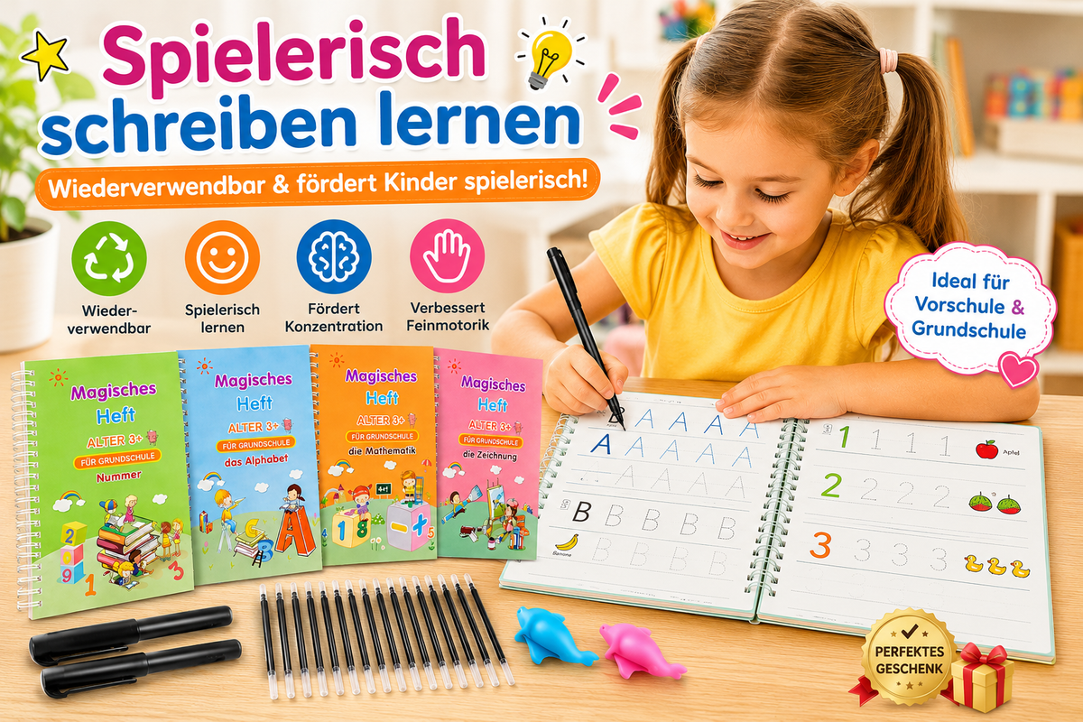 Wiederverwendbares Schreibheft-Set mit 4 Heften | Buchstaben, Zahlen, Mathe & Zeichnen | Tinte verschwindet, kein Papierverbrauch 4