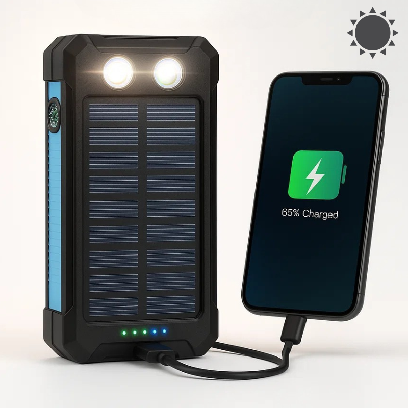 Solar Powerbank 20000 mAh | Wasserdicht, Stoßfest & Regenbeständig | LED-Taschenlampe mit mehreren Modi für Camping und Reisen 1