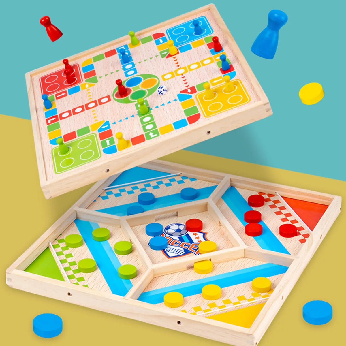 2-in-1 Holz-Brettspiel Strategie & Hockey | Bunte Holzfiguren, Farberkennung | Ideal für Familienspieleabende zuhause 3