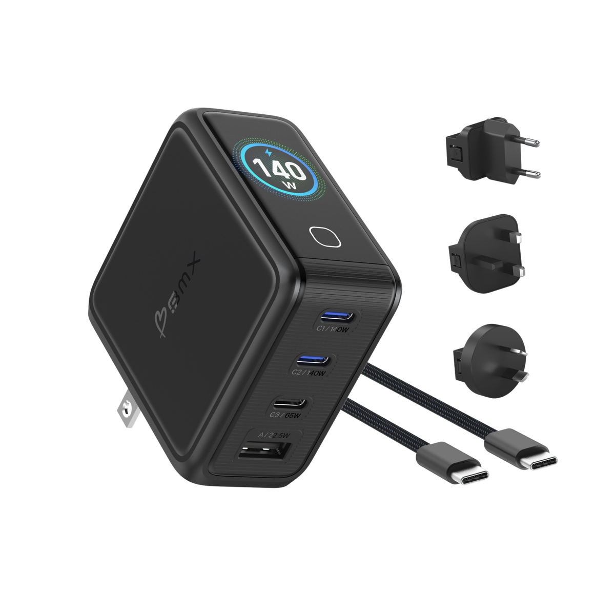 USB-C Ladegerät GaN 140 W Schnellladegerät 4 Anschlüsse mit LCD-Anzeige
