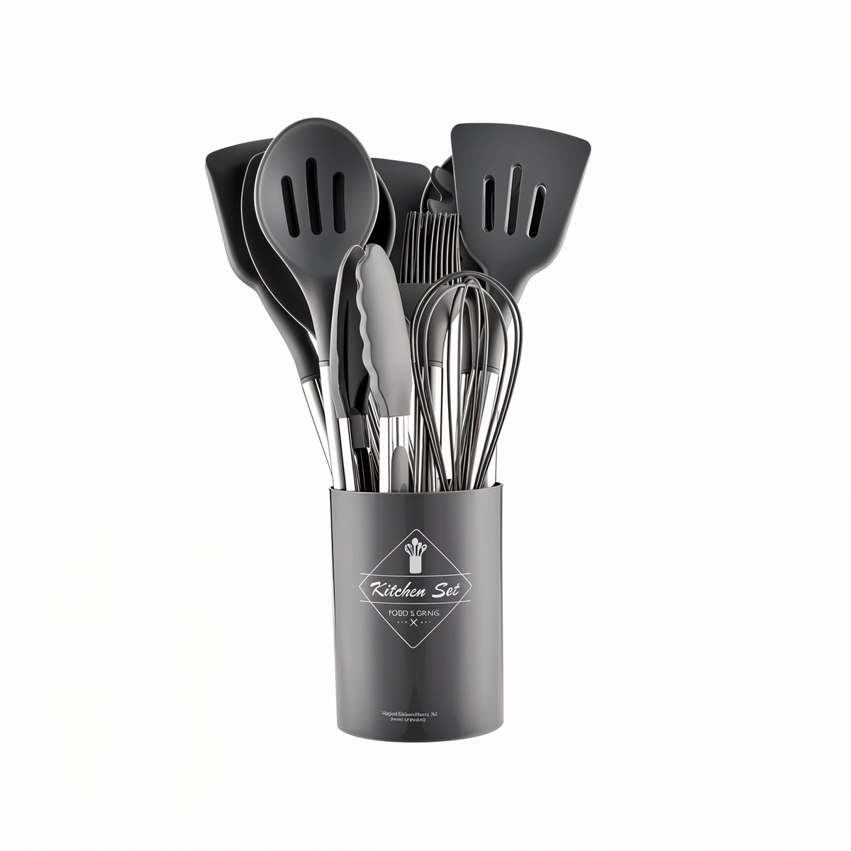 Schwarzes Küchenutensilien-Set aus Silikon im Halter, Löffel, Schneebesen, Zange, Spatel.