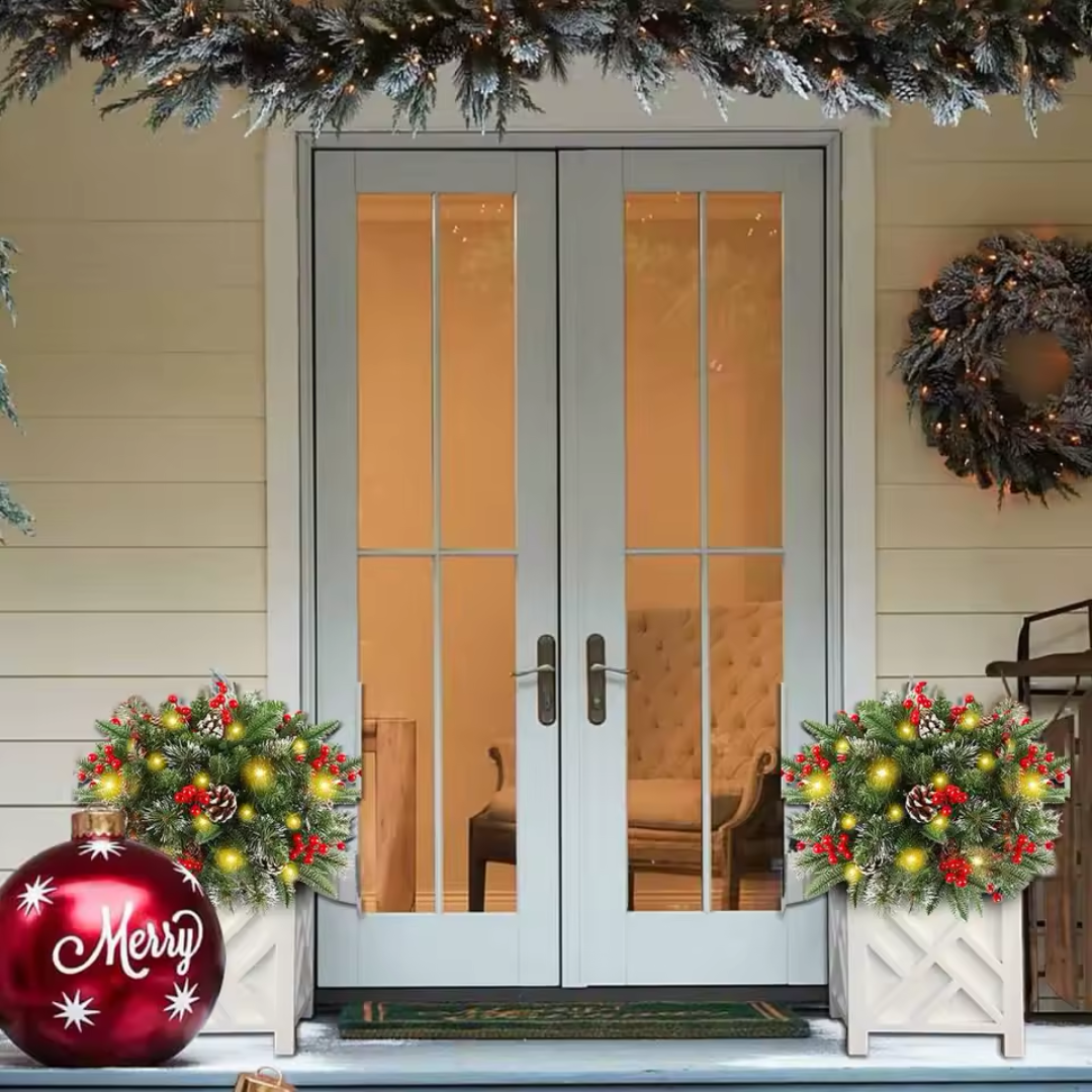 Leuchtender Weihnachtskranz für Topf & Deko | 50 warmweiße LED-Lichter, 8 Lichtmodi | Innen & Außen mit Standfuß 4