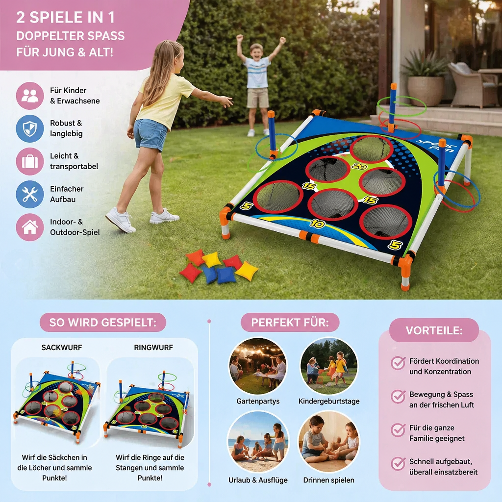 2in1 Cornhole & Ringe Wurfspiel Set | Leicht, Kompakt & Schnell Aufgebaut | Ideal für Garten, Strand und Reisen 3