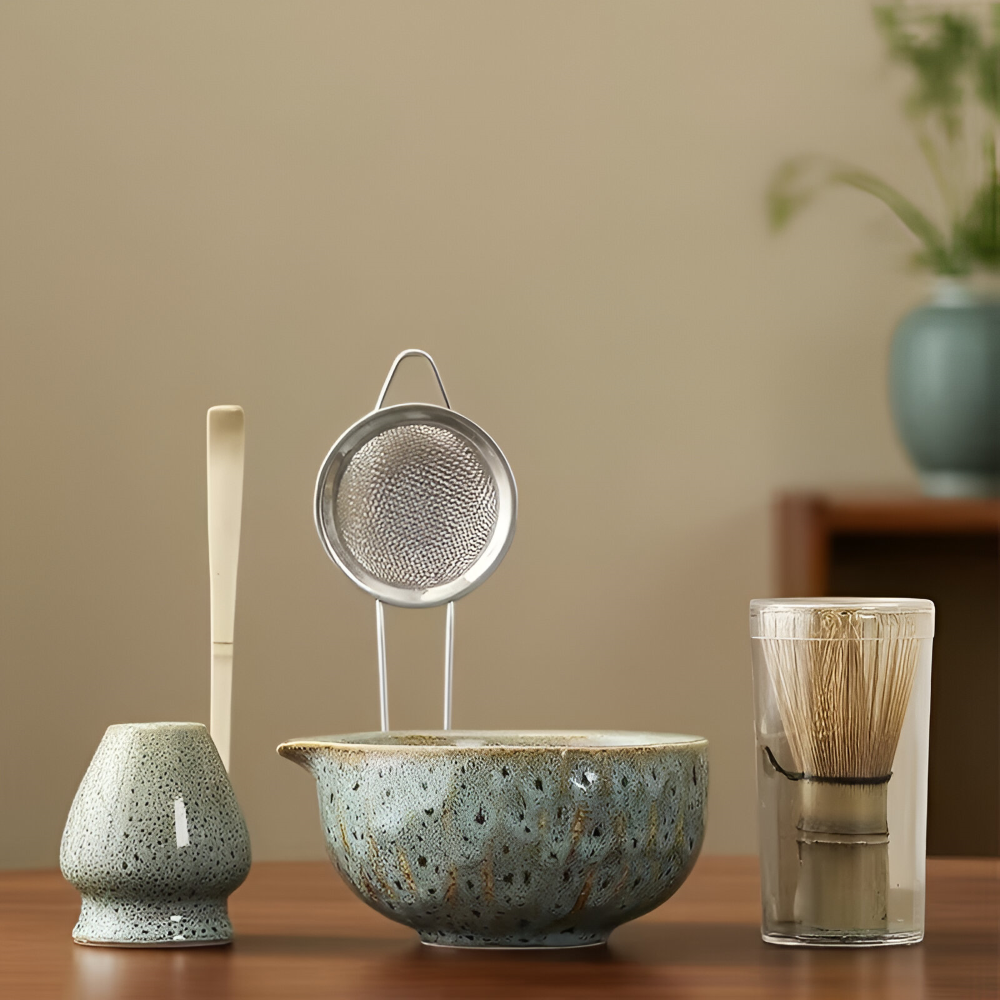 Matcha Set 5-teilig Keramik 14 x 6,8 cm | Handgefertigte Schale, Bambusbesen & Sieb | Ideal für Teezeremonie und Geschenk 1