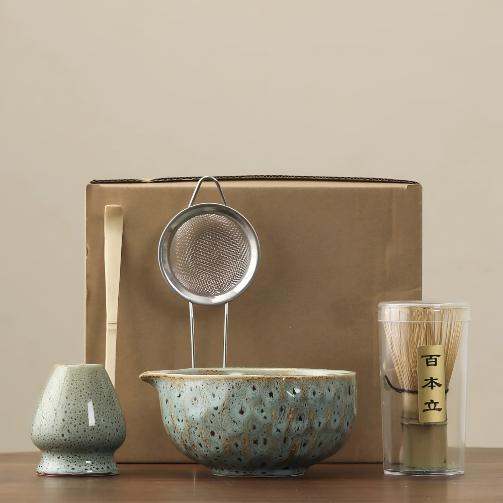 Matcha Set 5-teilig Keramik 14 x 6,8 cm | Handgefertigte Schale, Bambusbesen & Sieb | Ideal für Teezeremonie und Geschenk 14