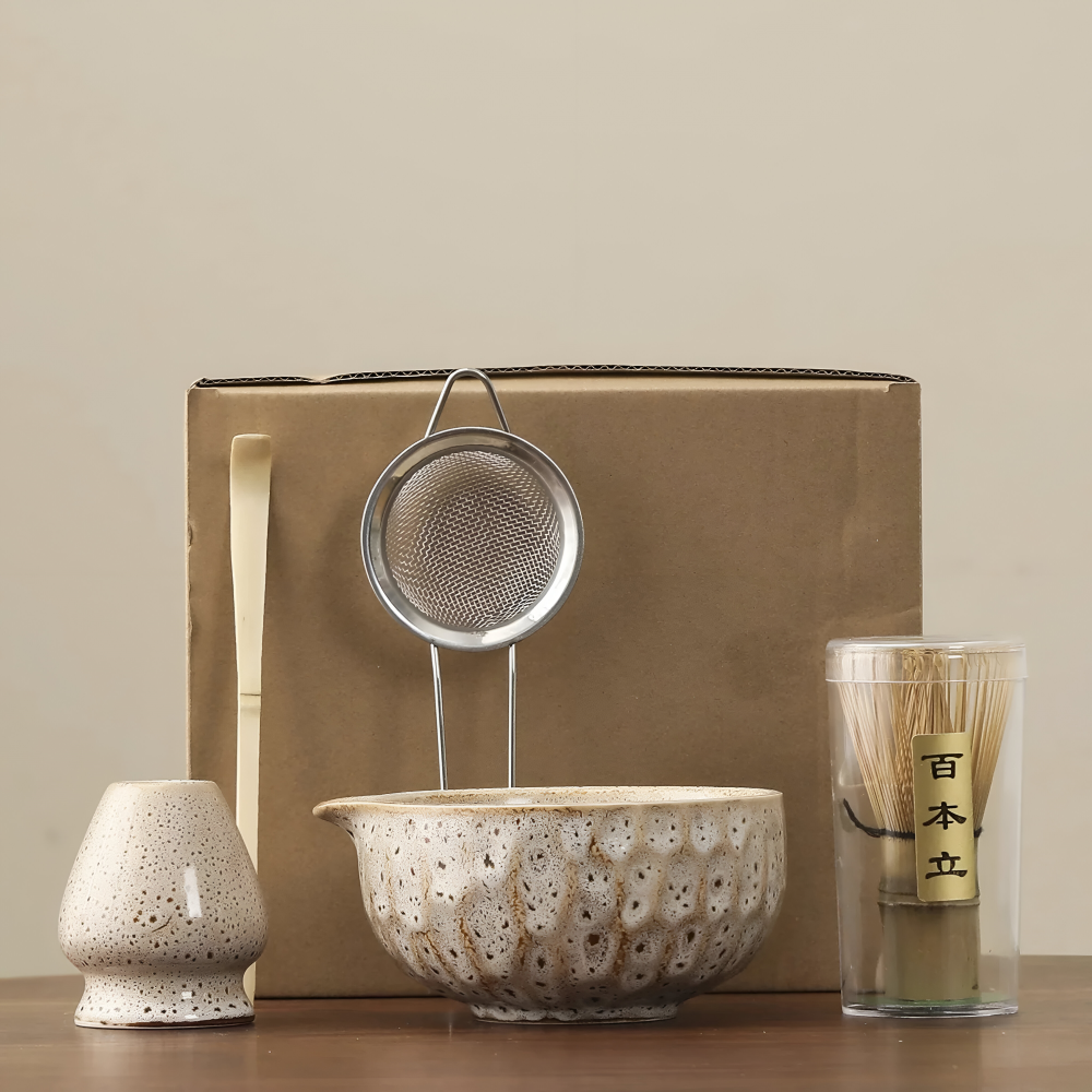 Matcha Set 5-teilig Keramik 14 x 6,8 cm | Handgefertigte Schale, Bambusbesen & Sieb | Ideal für Teezeremonie und Geschenk 5