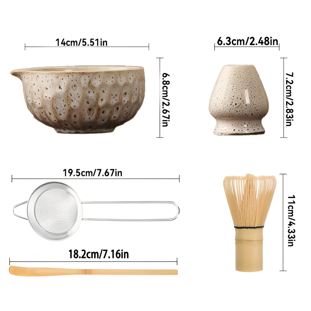 Matcha Set 5-teilig Keramik 14 x 6,8 cm | Handgefertigte Schale, Bambusbesen & Sieb | Ideal für Teezeremonie und Geschenk 15