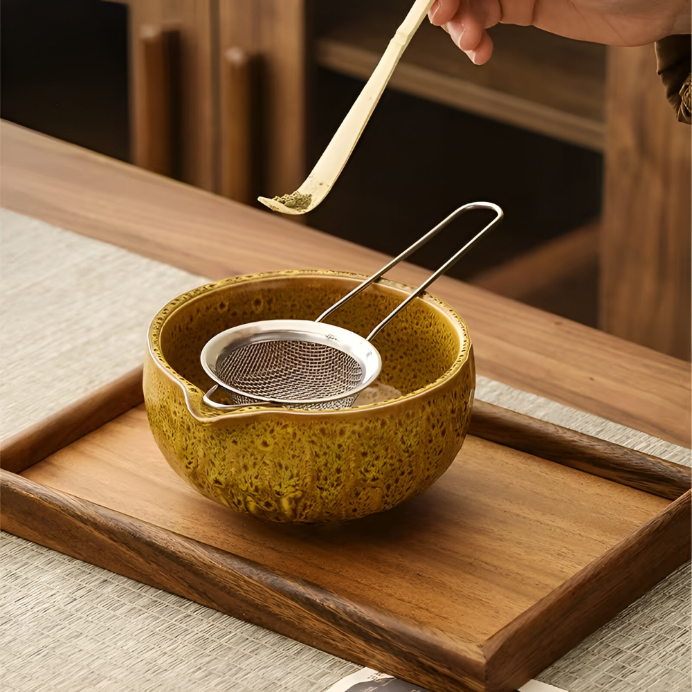 Matcha Set 5-teilig Keramik 14 x 6,8 cm | Handgefertigte Schale, Bambusbesen & Sieb | Ideal für Teezeremonie und Geschenk 8