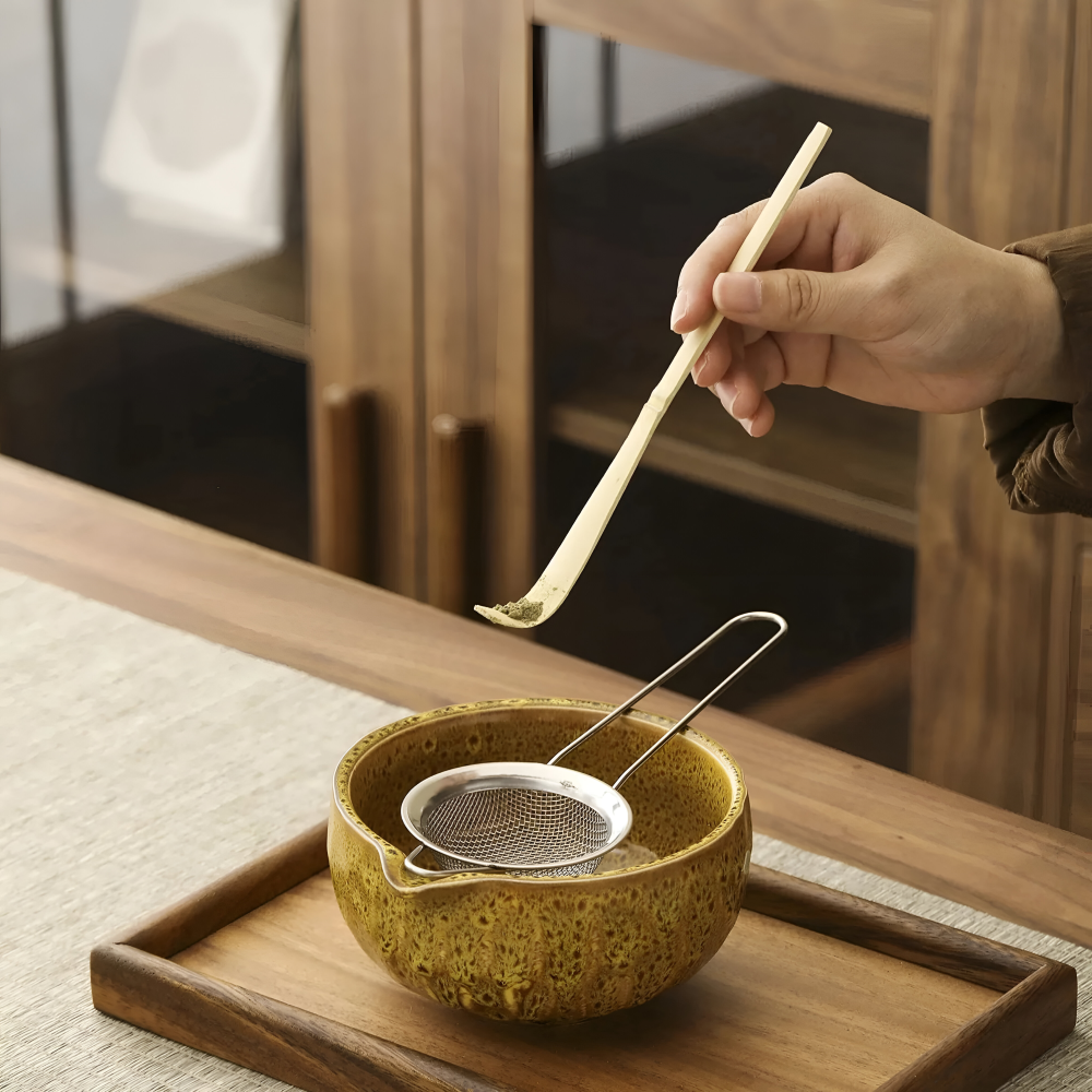 Matcha Set 5-teilig Keramik 14 x 6,8 cm | Handgefertigte Schale, Bambusbesen & Sieb | Ideal für Teezeremonie und Geschenk 9