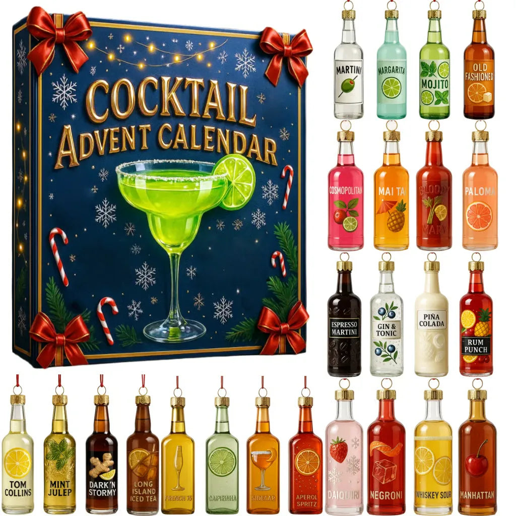 Cocktail Adventskalender 2025 | 24 Mini-Cocktail-Flaschen als Christbaumschmuck | Ohne Alkohol, Weihnachtsdeko 2