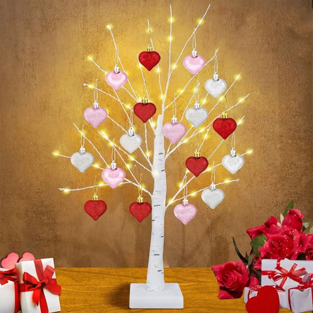 LED Birkenbaum mit 18 Herzanhängern, 60 cm | Warmweißes Licht, Batterie oder USB | Biegbare Zweige für individuelle Form 6