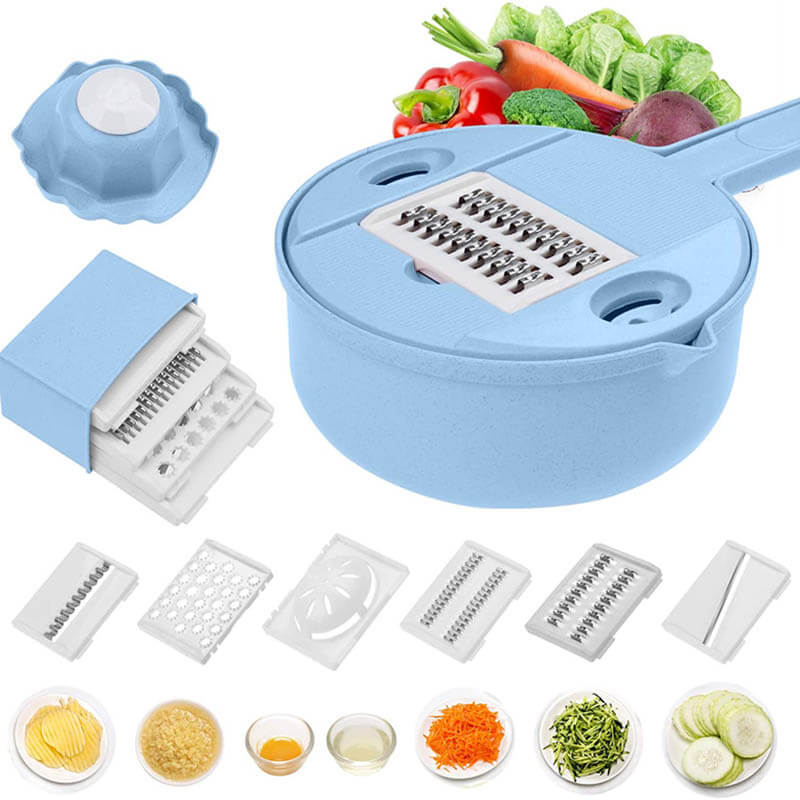 Gemüseschneider 12-in-1 Set | Küchenreibe mit Auffangbehälter und 12 Aufsätzen | Platzsparend, ohne Strom einsatzbereit 1