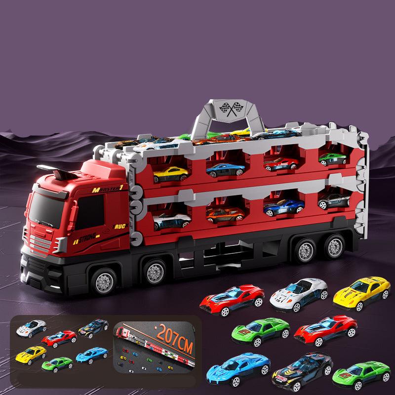 Rennstrecke Lastwagen 207 cm | 2in1 Transporter & Ausklappbare Rennbahn | Inklusive 12 Rennautos & Stauraum für Kinder 4