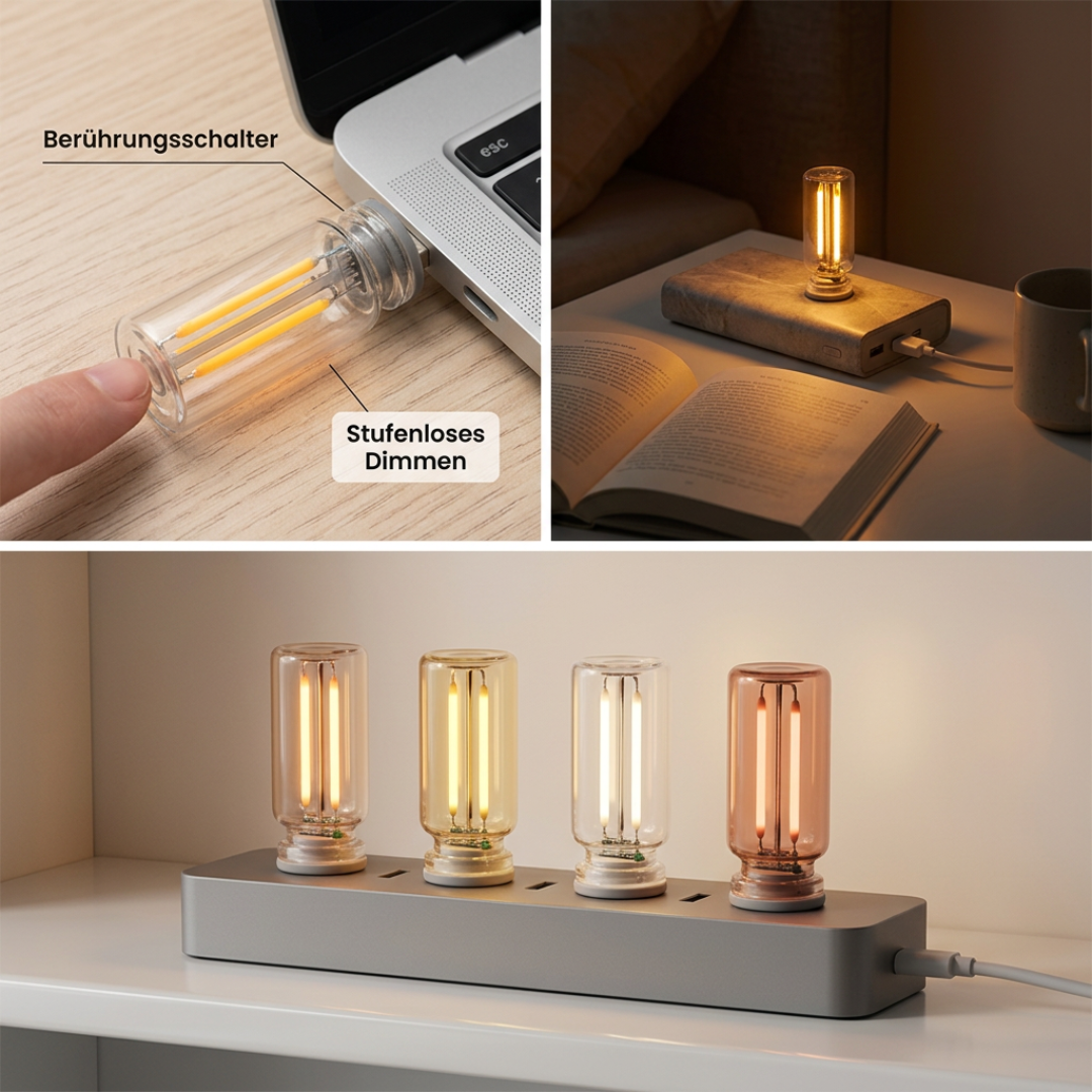 USB-Touch-Nachtlicht Keramik & Wolframdraht | Stufenlose Touch-Dimmung im Retro-Design | Energiesparend, 20.000 Std. Lebensdauer 1