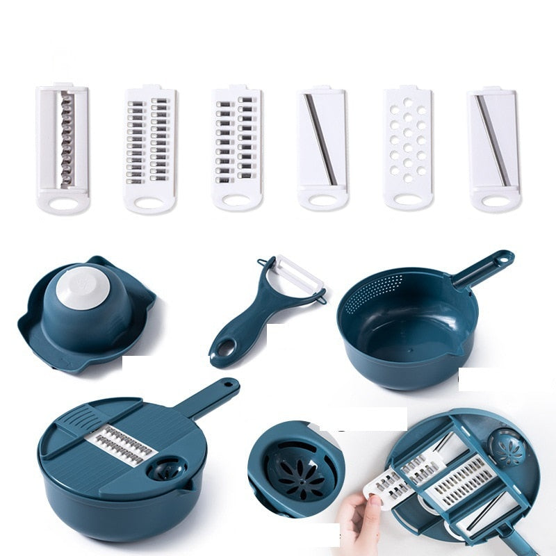 Multifunktionaler Gemüseschneider Set, blau, mit verschiedenen Klingen und Schüsseln.