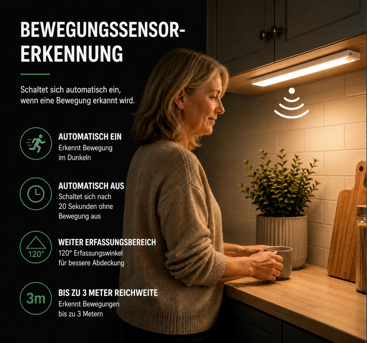 LED-Unterbauleuchte mit Bewegungsmelder | Kabellos, Dimmbar, 3 Lichtfarben | Akku bis 60 Tage, Magnetisch ohne Bohren 2