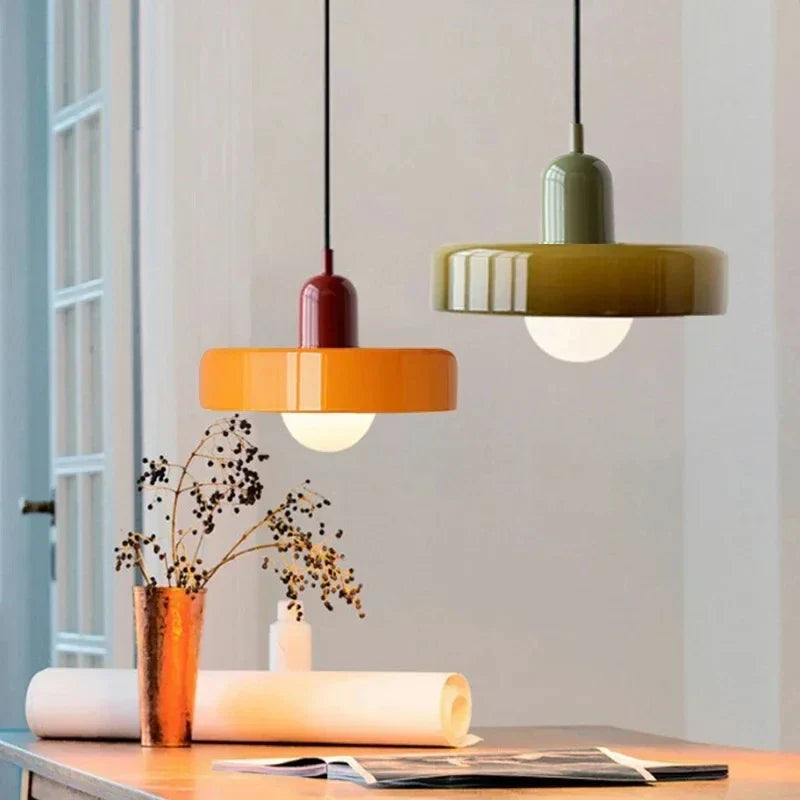 Pendelleuchte Glas 25 cm, Höhe 20 cm | Farbiger Glasschirm, Bauhaus-Design | Verstellbare Abhänglänge, G9-Fassung 1
