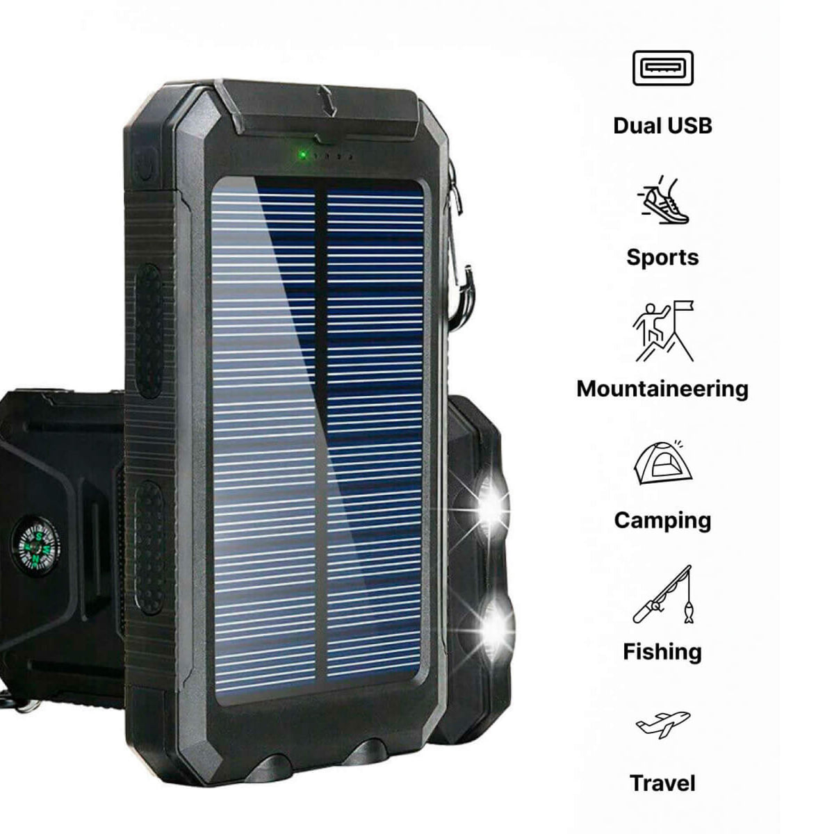Solar Powerbank 20000 mAh | Wasserdicht, Stoßfest & Regenbeständig | LED-Taschenlampe mit mehreren Modi für Camping und Reisen 7