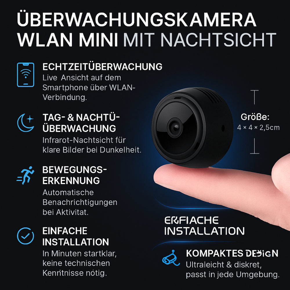 Überwachungskamera WLAN Mini | Nachtsicht & Live-Übertragung per App | Kompakt für Zuhause, Haustiere und Kinder 2
