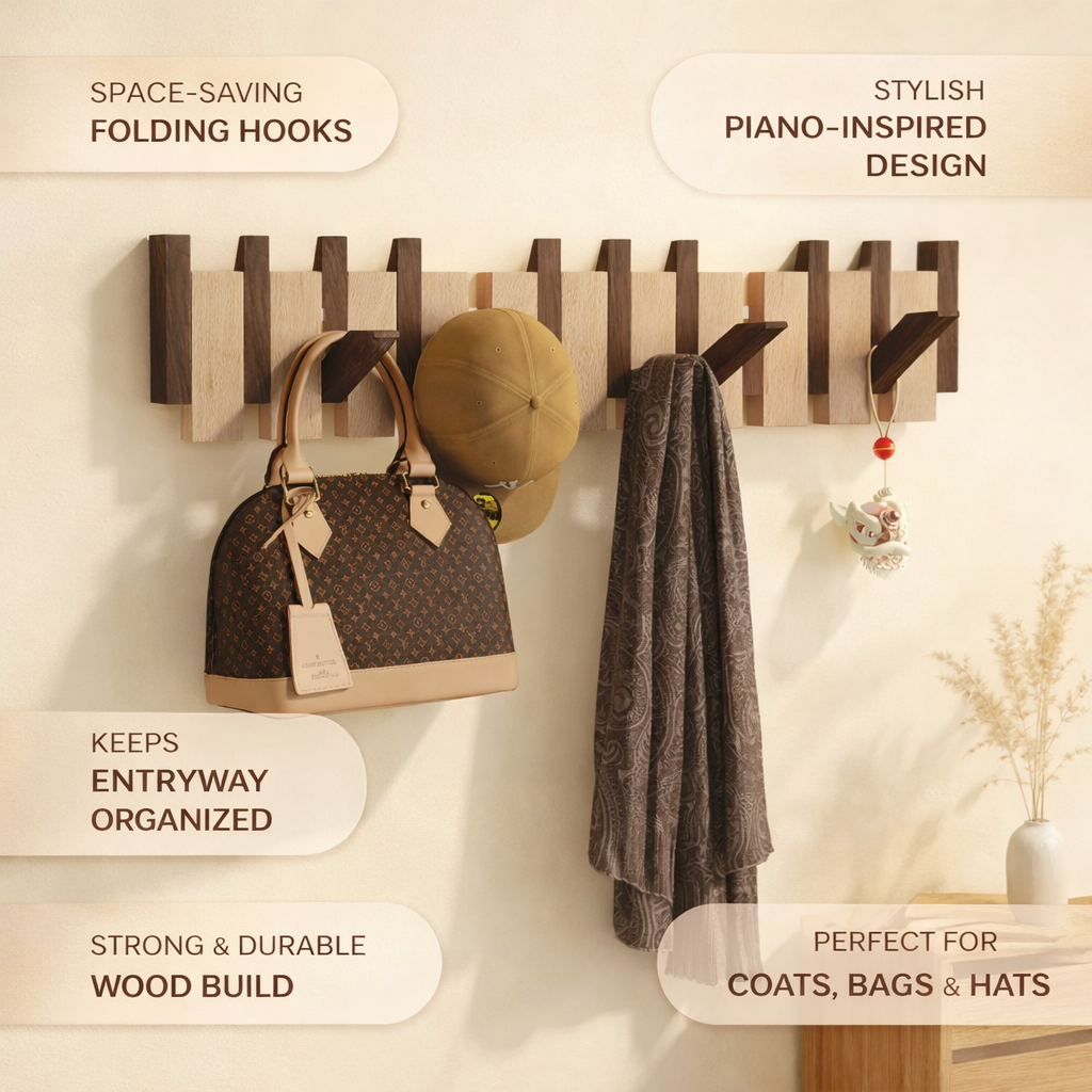 Klappbare Wandgarderobe aus Holz | Klavier-Design mit Klapphaken | Platzsparende Wandmontage für Flur, Büro & Schlafzimmer 5